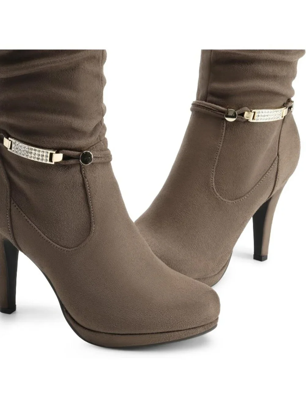 Women's Natural Stiletto Heel Rhinestone Chain Side Zipper Knee High Boots